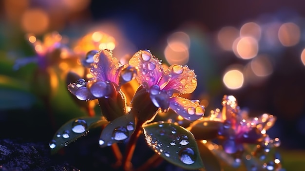 Un gros plan de fleurs avec des gouttelettes d'eau sur eux