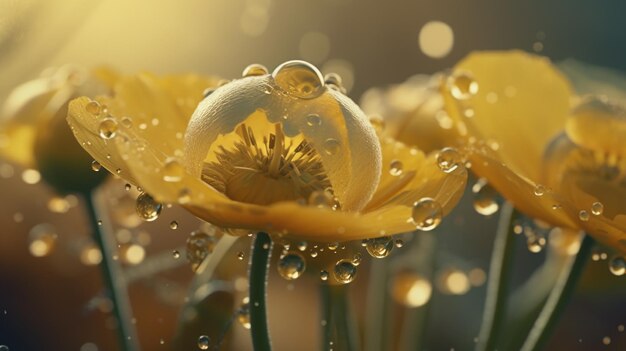 Un gros plan de fleurs jaunes avec des gouttelettes d'eau sur eux