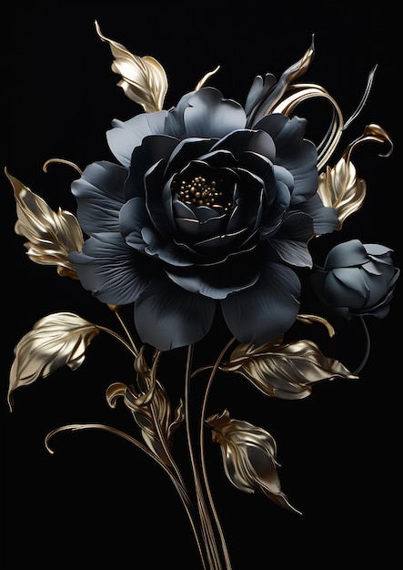 Gros plan de fleurs or noir bleu métal bleu sculpture roses grandes fleurs opaques titre éternel