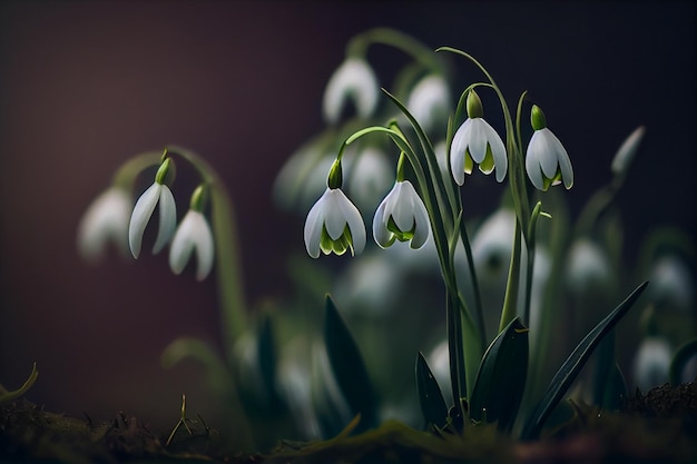 Gros plan de fleurs de perce-neige sur fond vert IA générative