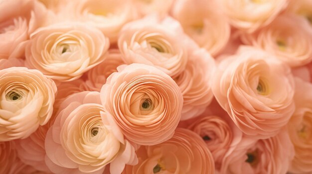 Un gros plan des fleurs de Ranunculus dans la couleur Peach Fuzz de 2024