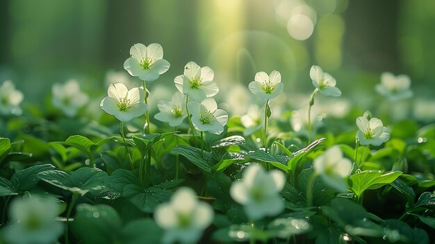 un gros plan de fleurs avec le soleil qui brille à travers les feuilles