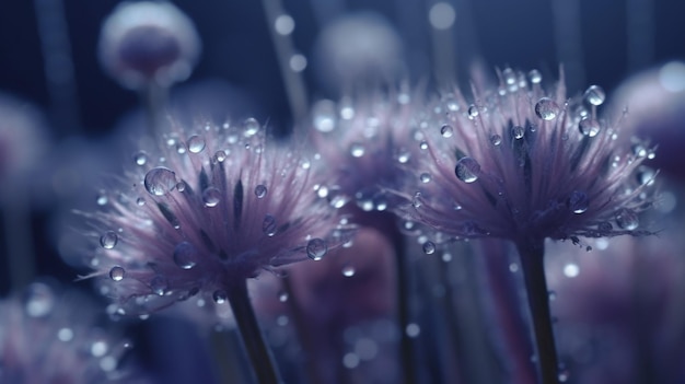 Un gros plan de fleurs violettes avec des gouttelettes d'eau sur eux