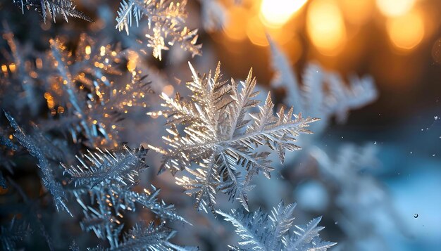 un gros plan d'un flocon de neige avec un fond flou