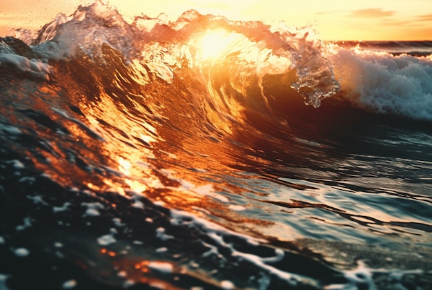 Gros plan de fond de l'eau de belles vagues de plage avec coucher de soleil ai génératif