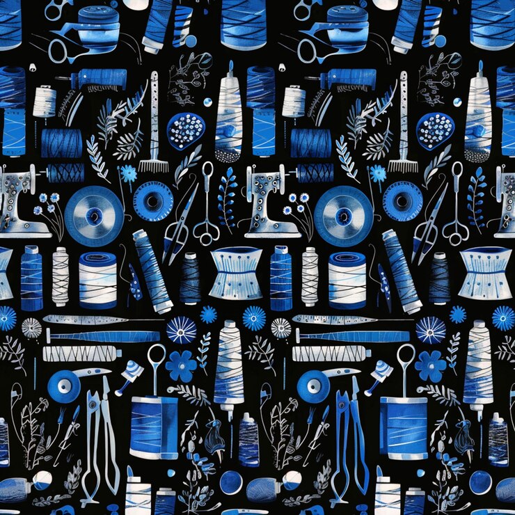 Photo un gros plan d'un fond noir et bleu avec des fournitures de couture