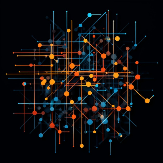 un gros plan d'un fond noir avec un tas de points orange et bleus ai générative