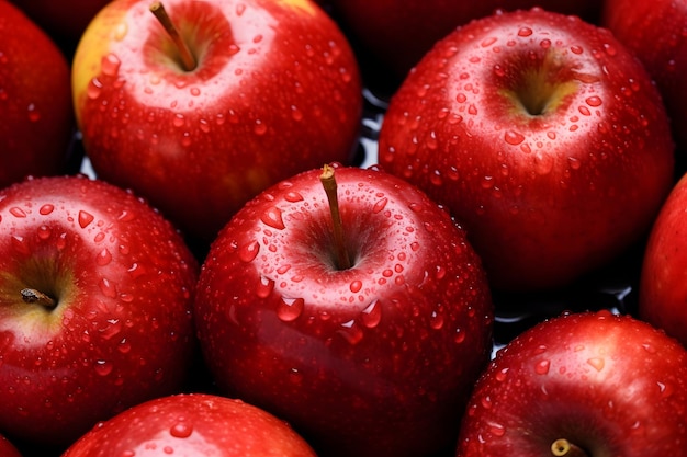 Gros plan sur fond de pommes rouges avec des gouttes d'eau