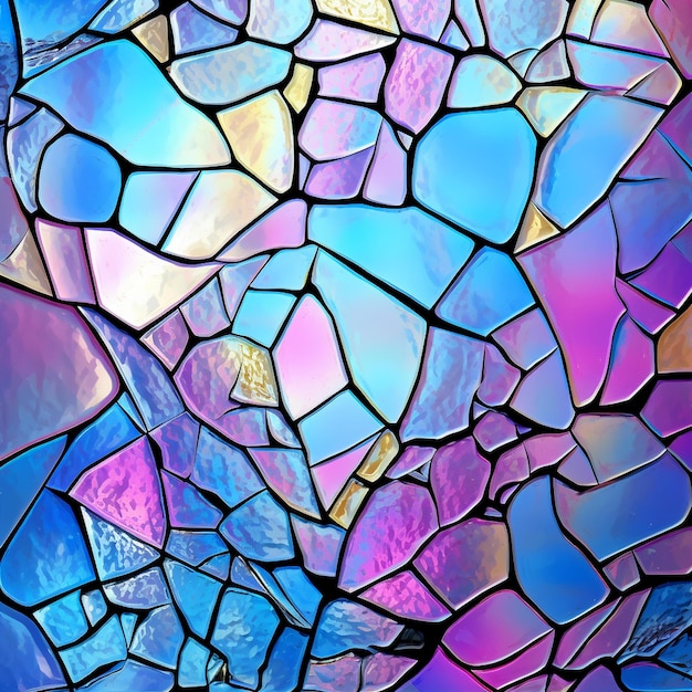 Un gros plan d'un fond de verre mosaïque colorée avec un design bleu et violet