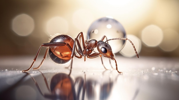 Un gros plan d'une fourmi avec une perle à la surface