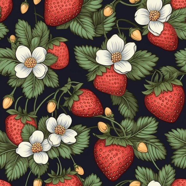 un gros plan d'une fraise avec des fleurs et des feuilles sur un fond sombre