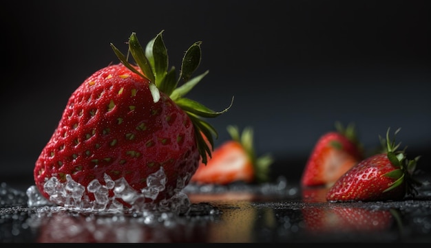 Un gros plan d'une fraise sur fond noir