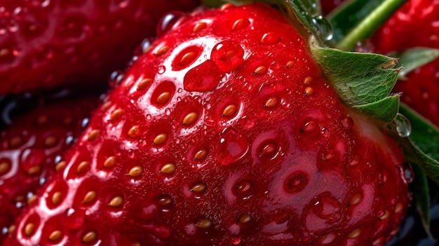 Un gros plan d'une fraise avec les gouttes d'eau dessus