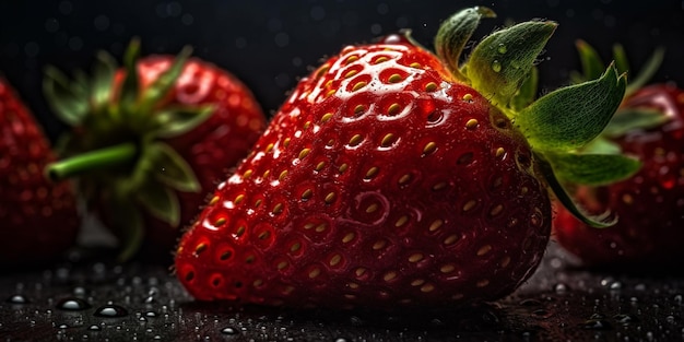 Un gros plan d'une fraise avec des gouttes d'eau dessus