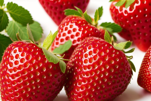 Un gros plan de fraise juteuse sur fond blanc gros plan concept d'aliments sains IA générative