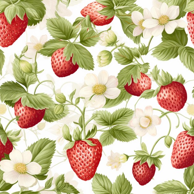 un gros plan d'une fraise et d'un motif de fleur sur un fond blanc
