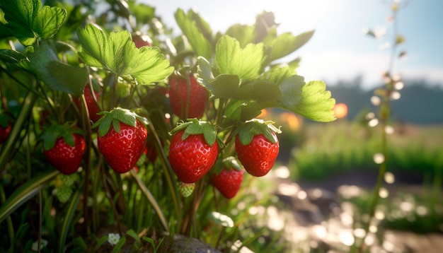 Un gros plan de fraises sur un champ