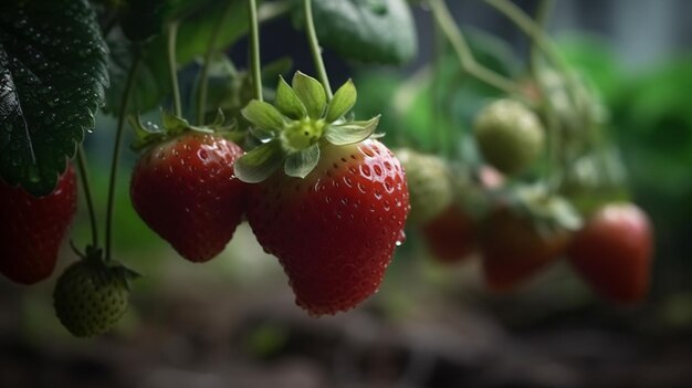 Un gros plan de fraises suspendu à une plante