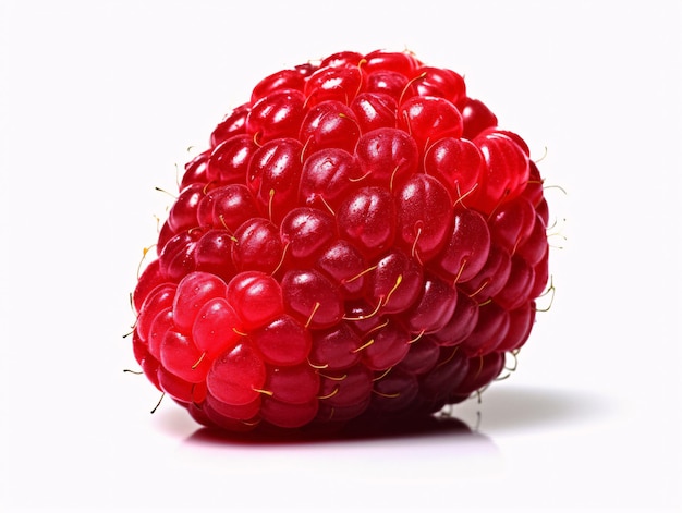 Gros plan de framboise vibrant et juteux sur un fond blanc propre amélioré par l'IA générative