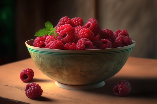 un gros plan de framboises juteuses mûres dans un bol sur une table