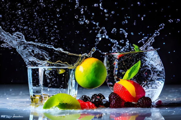 un gros plan d'un fruit dans un verre d'eau photographie d'art culinaire