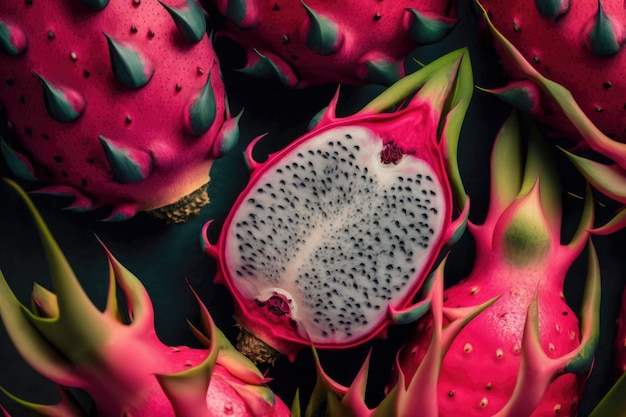 Gros plan fruit du dragon plein cadre fond de fruits frais AI généré