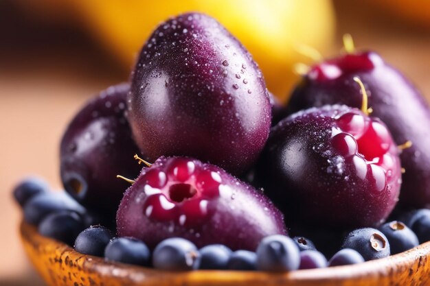 gros plan sur les fruits d'açai éclaboussés dans un concept de baies de fond coloré