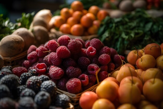 Gros plan de fruits et légumes frais dans un cadre de marché de producteurs Generative Ai