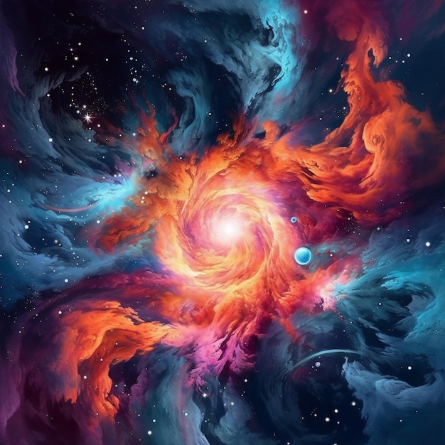 Un gros plan d'une galaxie colorée avec une ai générative en spirale bleue et rouge