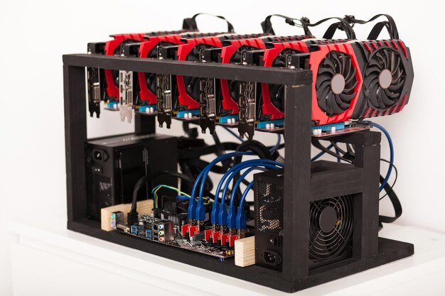 Gros plan sur une gamme de GPU pour la machine de plate-forme minière à exploiter pour la crypto-monnaie numérique telle que le bitcoin