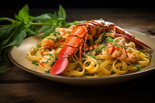 Gros plan de la garniture de pâtes au homard