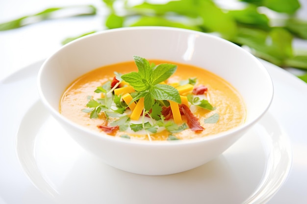 Gros plan de gaspacho dans un bol blanc avec garniture de basilic