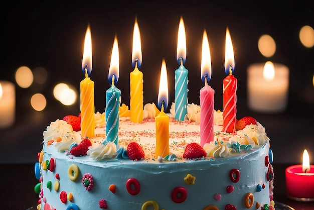 Un gros plan d'un gâteau d'anniversaire avec des bougies allumées