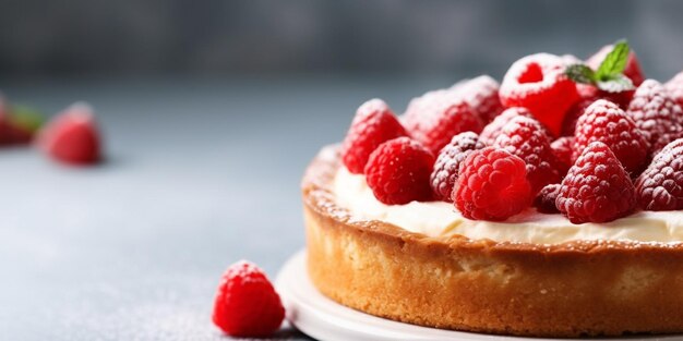 Un gros plan d'un gâteau avec des framboises sur le dessus