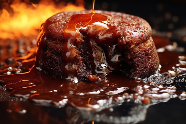 Gros plan d'un gâteau de lave fondu gluant