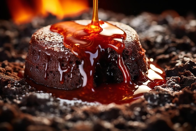 Photo gros plan d'un gâteau de lave fondu gluant