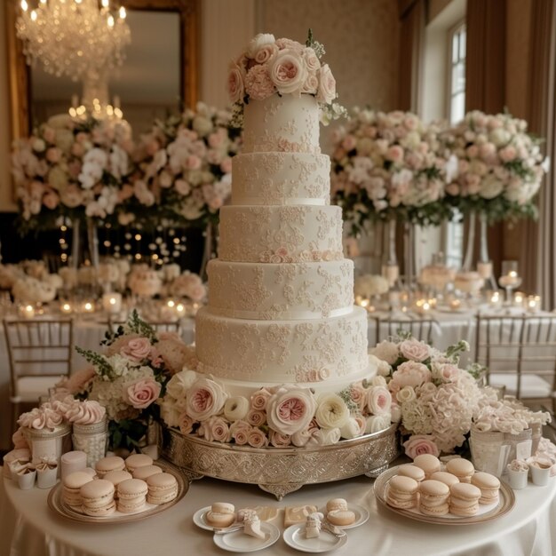 un gros plan d'un gâteau de mariage avec des macaroons et des fleurs