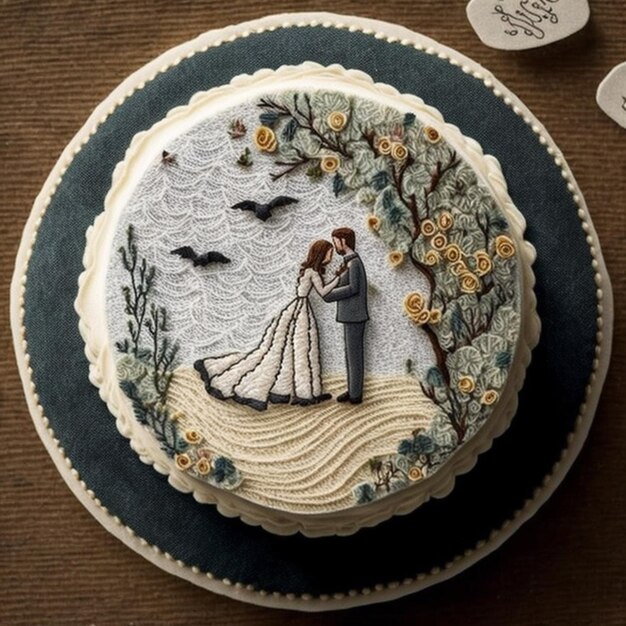 un gros plan d'un gâteau avec une mariée et un marié dessus