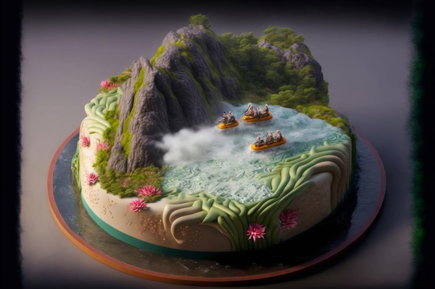 Gros plan d'un gâteau avec une montagne en arrière-plan Generative Ai