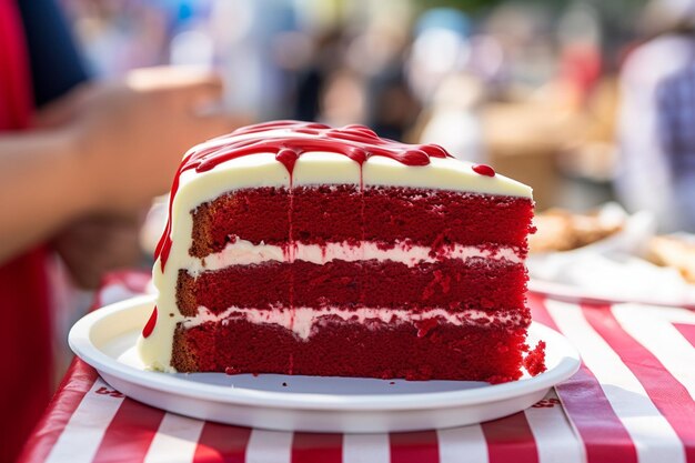 Un gros plan d'un gâteau de velours rouge trempé de sauce au chocolat