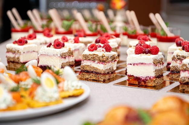 Gros plan de gâteaux avec des fruits frais et des baies disposés en rangée sur une table de fête