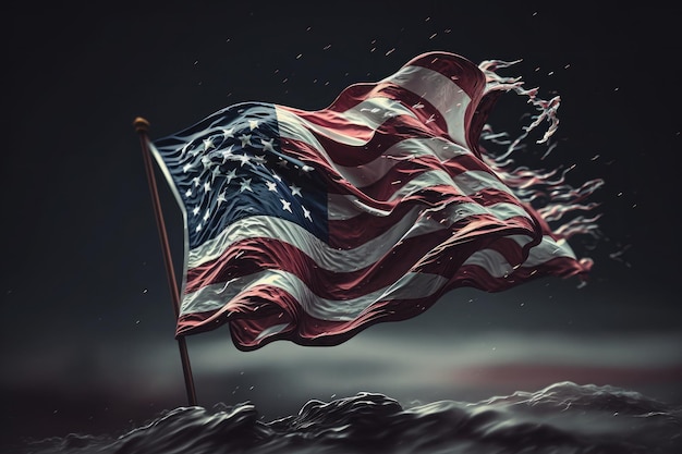 Gros plan généré par l'IA du drapeau américain foncé vintage grunge soufflant le vent au jour de l'indépendance des États-Unis