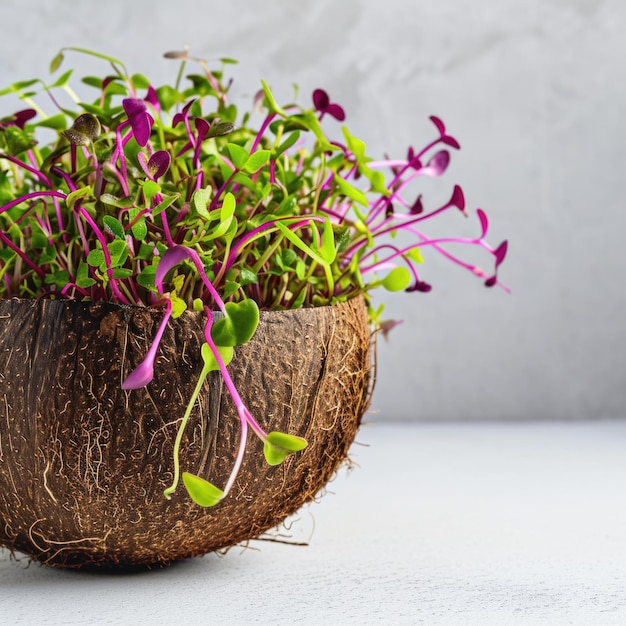 Un gros plan des germes de microgreens cultivés dans une coquille de noix de coco sur un fond blanc