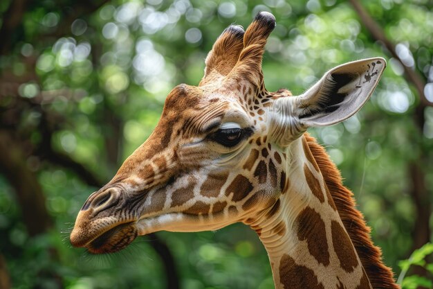 Un gros plan d'une girafe avec des arbres en arrière-plan