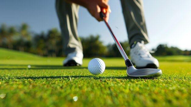 Photo un gros plan d'un golfeur frappant une balle de golf avec un club de golf sur un parcours de golf le golfeur porte des chaussures blanches et un pantalon gris