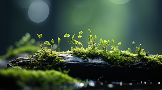 Gros plan d'une goutte de pluie sur la mousse le matin