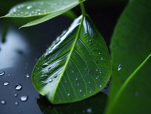 Un gros plan d'une goutte de pluie sur le point de tomber d'une feuille avec un accent sur la réflexion et la dynamique