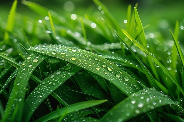 Un gros plan d'une goutte de rosée sur l'herbe verte vibrante générée par l'IA