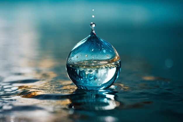 Gros plan d'une gouttelette d'eau dans l'eau bleue