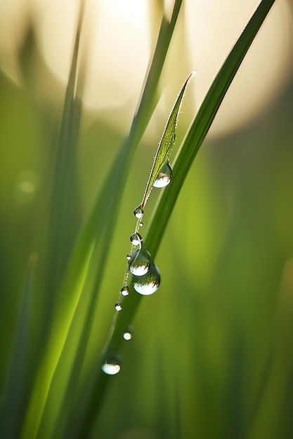 Un gros plan de gouttelettes d'eau sur un brin d'herbe